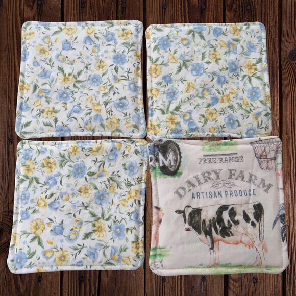 Fabric Coasters, Set Of 4, Farm Animal Reversible Country Floral Mug Rugs - Picture 9 of 9